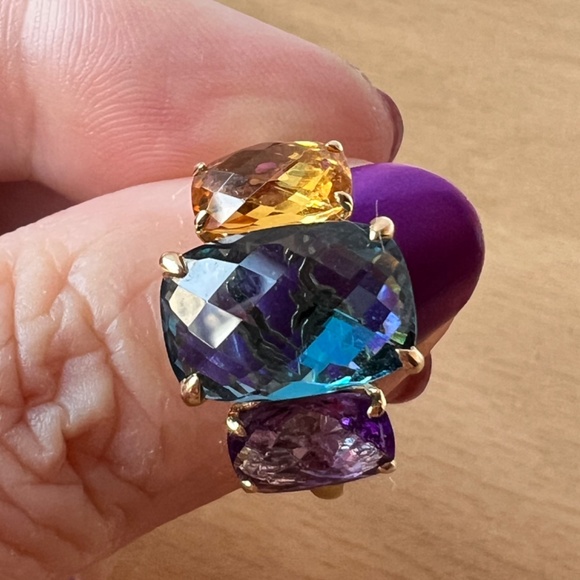 EFFY 14K GOLD MOSAIC LONDON BLUE TOPAZ CITRINE AMETHYST MULTI GEMSTONE RING - Picture 7 of 16